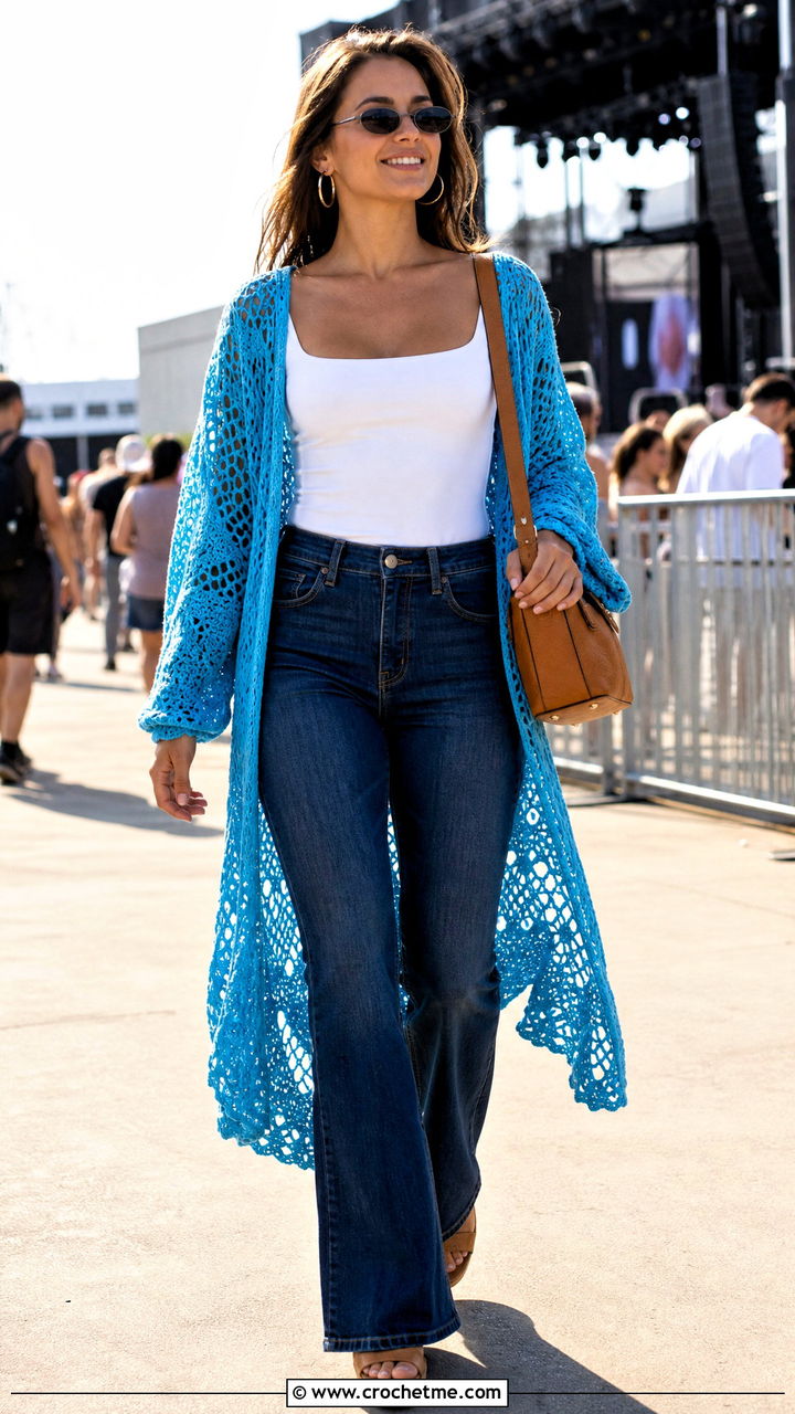 Duster Blue Crochet Cardigan With Tank And Flared Jeans - 35 blue crochet cardigan outfit ideas