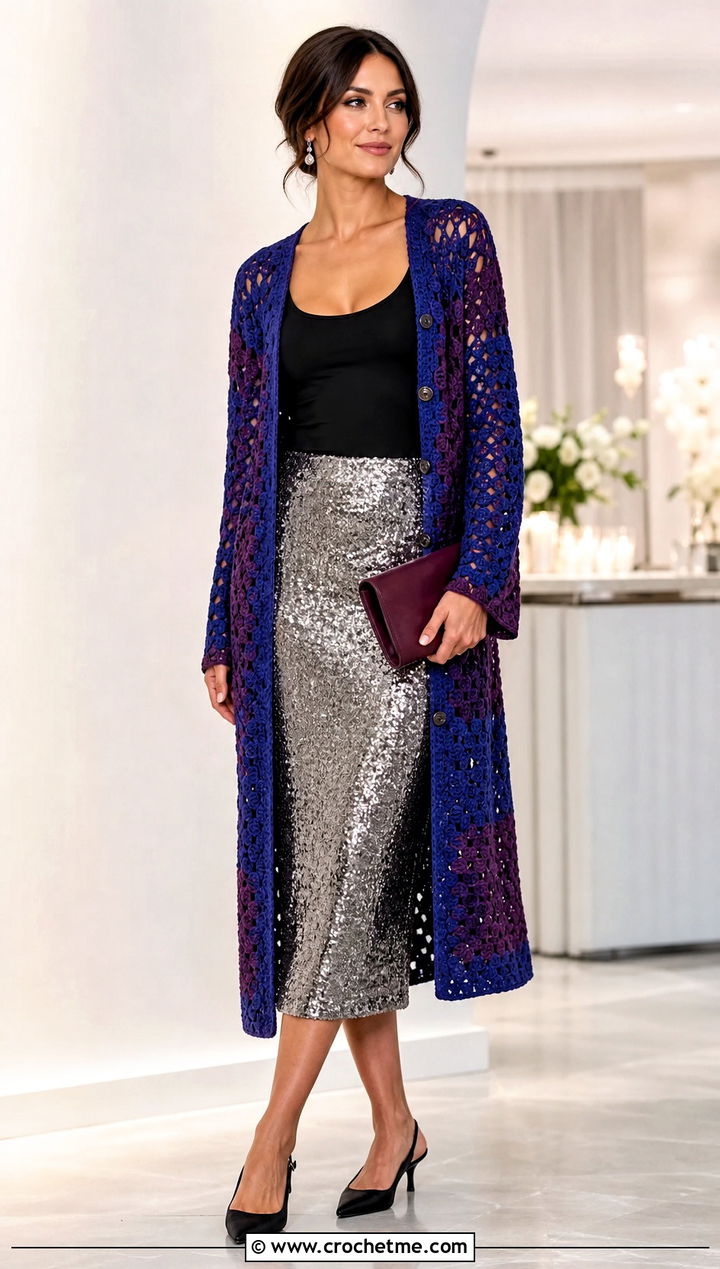 Duster Button Cardigan With Sequin Skirt - 25 Crochet Button Cardigan outfit ideas