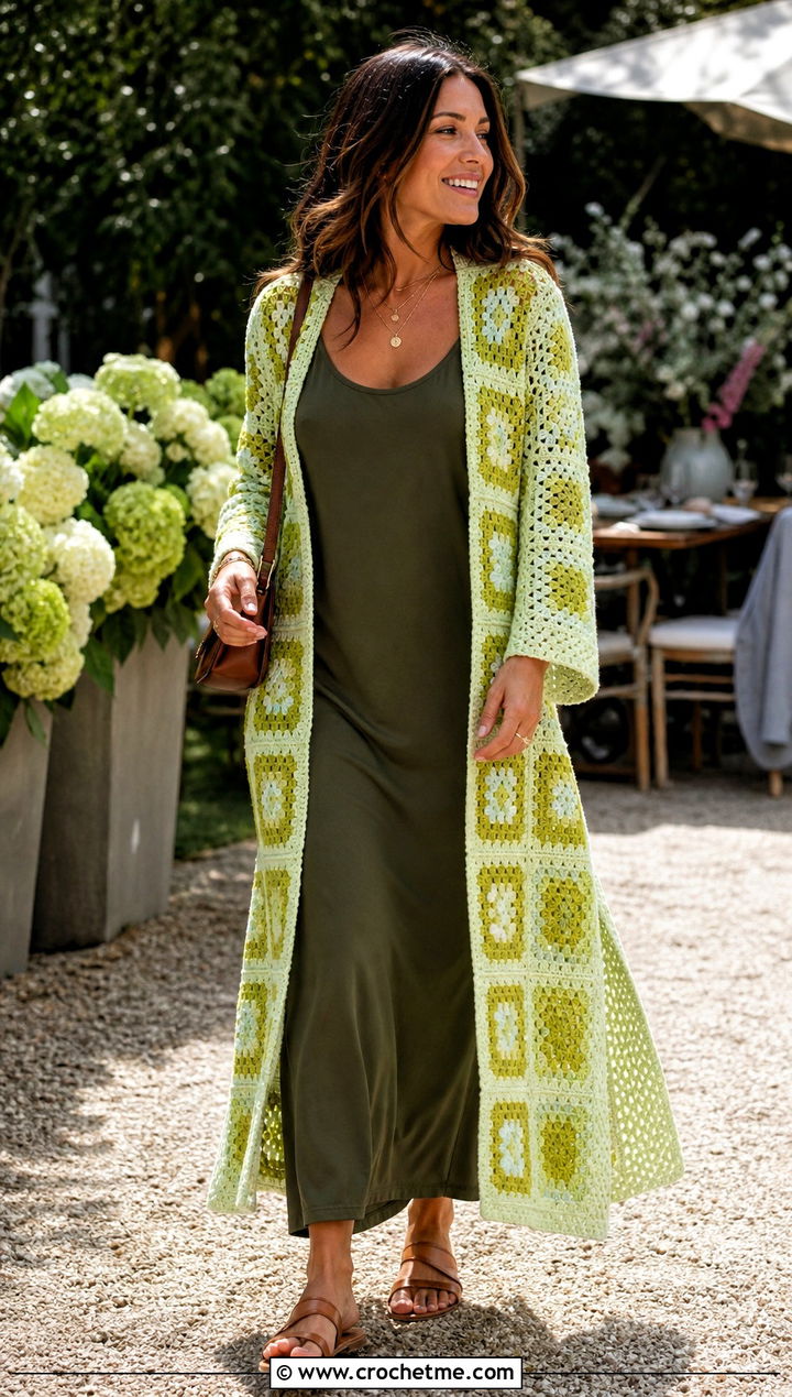 Duster Checkered Granny Square Cardigan With Maxi Dress - 25 checkered granny square cardigan outfit ideas