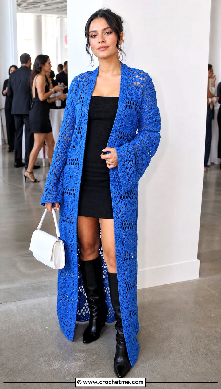 Duster Continuous Granny Square Cardigan With A Mini Dress - 25 continuous granny square cardigan outfit ideas