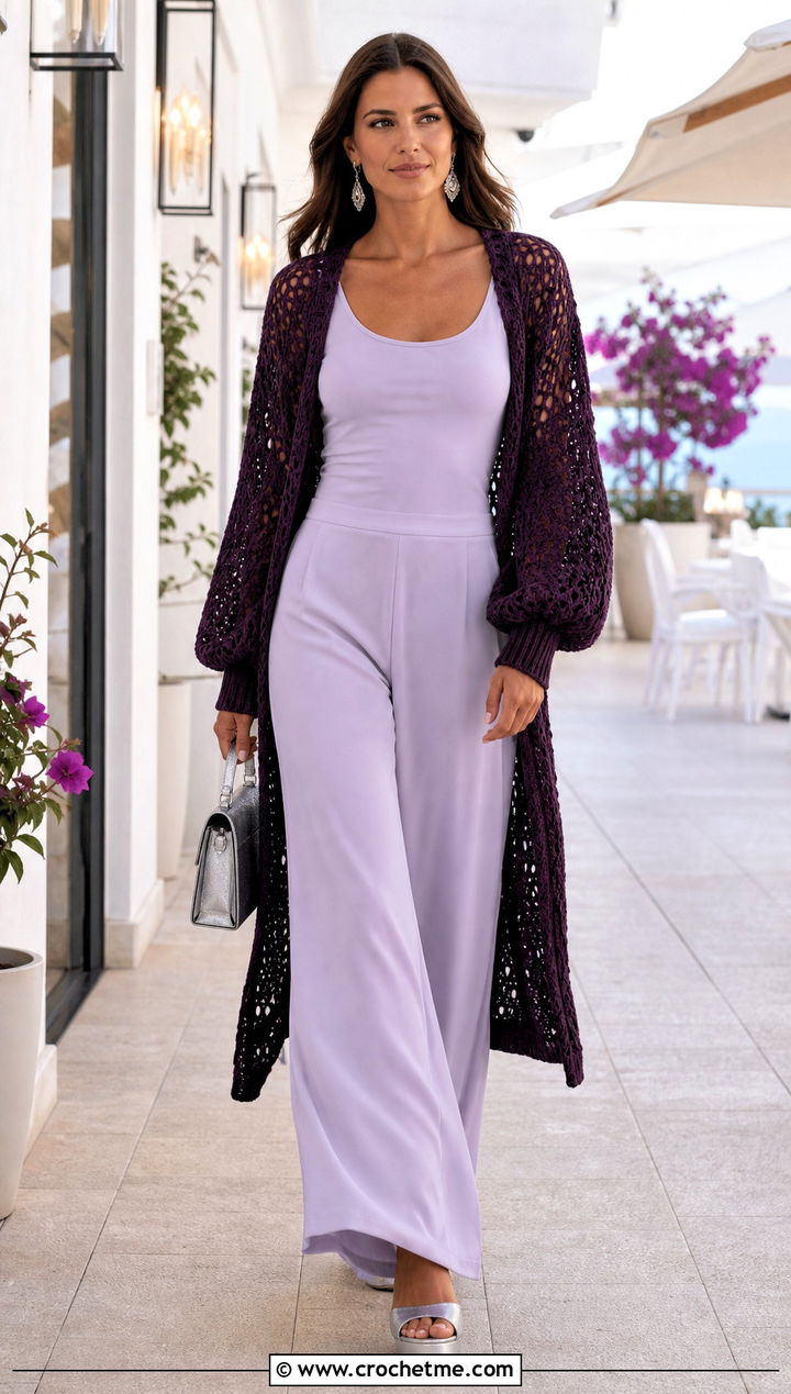 Duster Crochet Balloon Sleeve Cardigan With Matching Separates - 30 crochet balloon sleeve cardigan outfit ideas