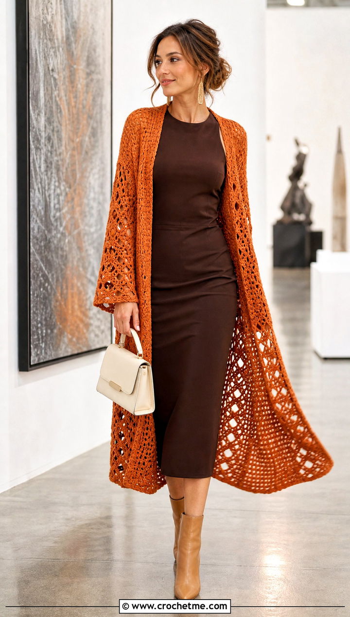 Duster Crochet Cardigan With Column Dress - 25 basic crochet cardigan outfit ideas