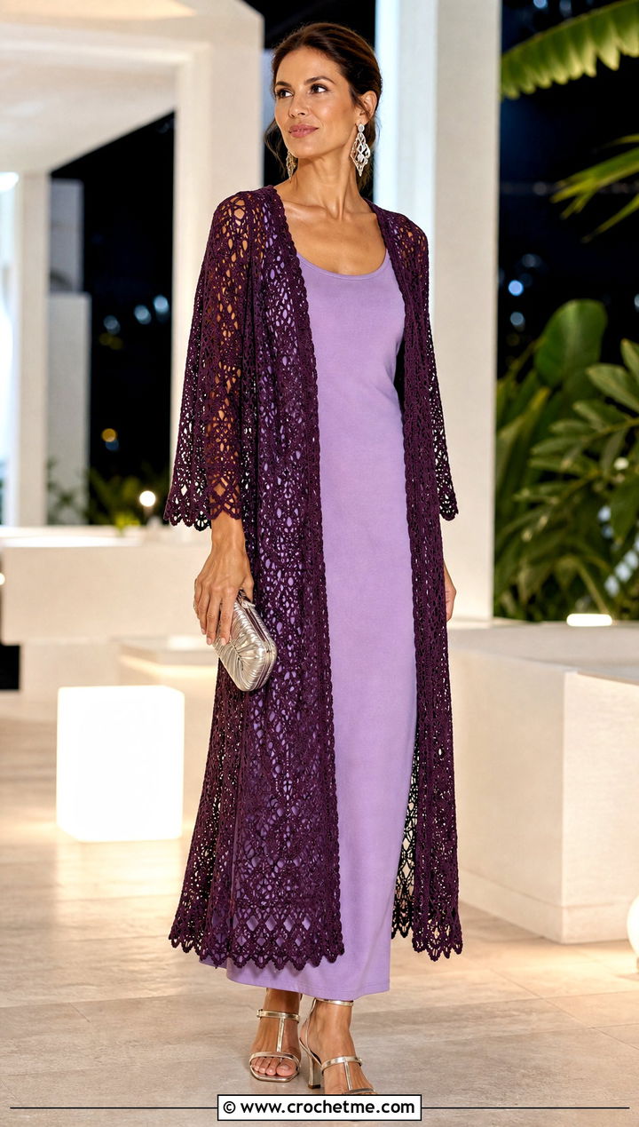 Duster Crochet Cardigan With Column Maxi Dress - 15 Mid Summer Crochet Cardigan outfit ideas