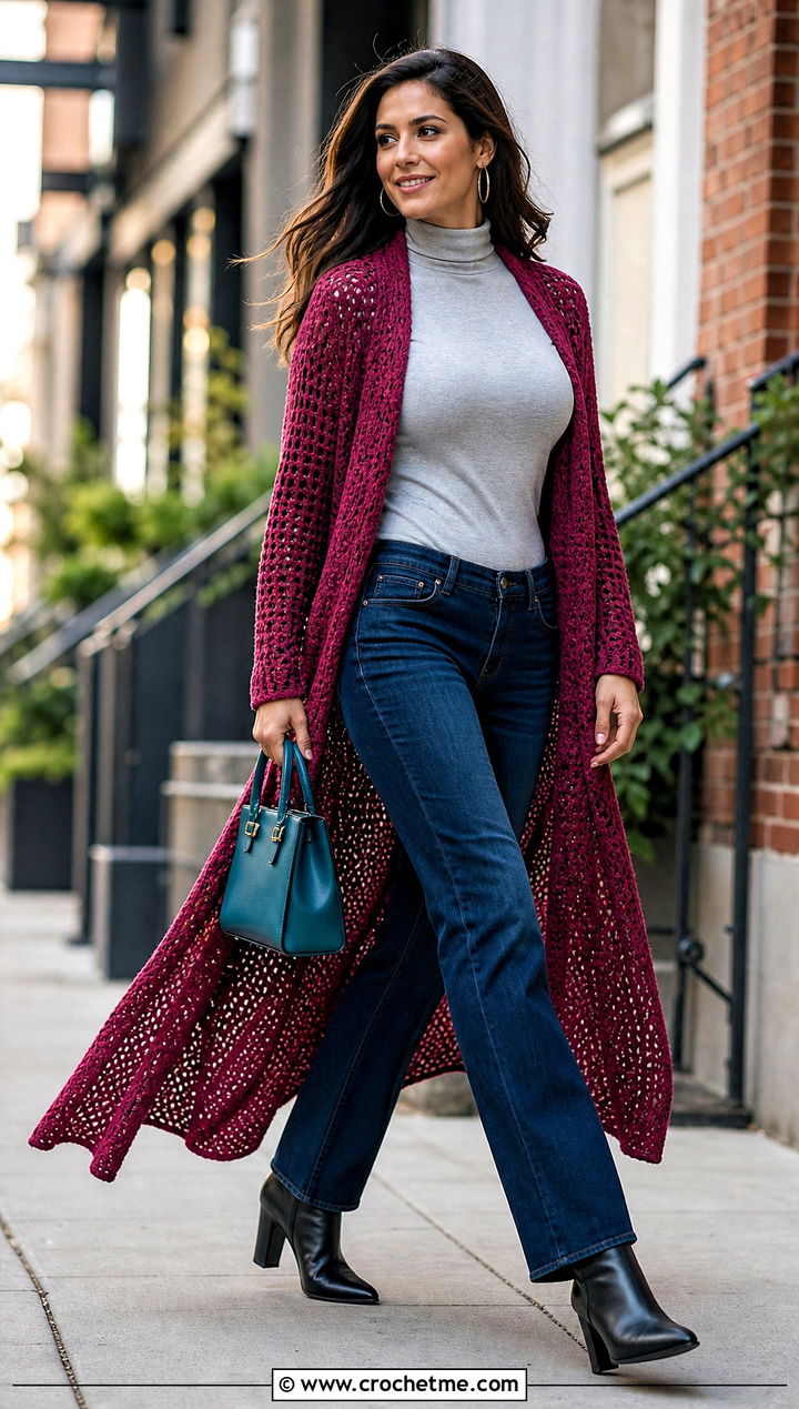 Duster Crochet Cardigan With Turtleneck And Jeans - 15 very easy crochet cardigan outfit ideas