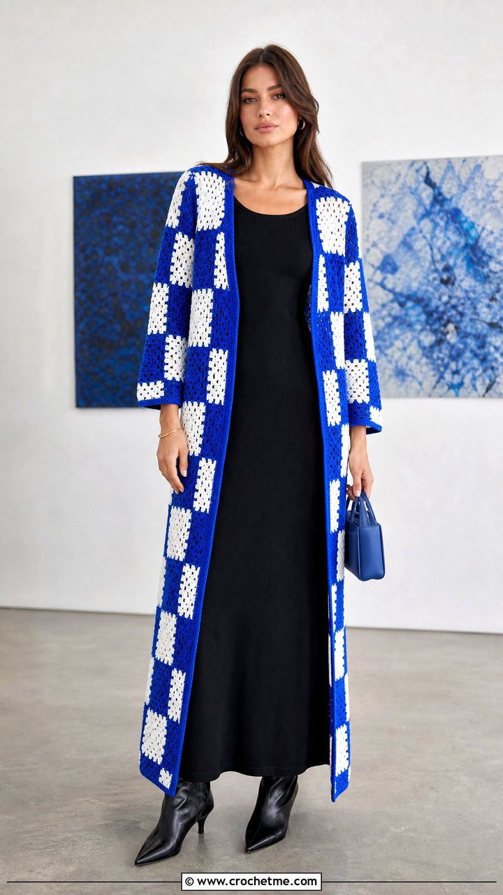 Duster Crochet Checkered Cardigan With Column Dress - 35 crochet checkered cardigan outfit ideas