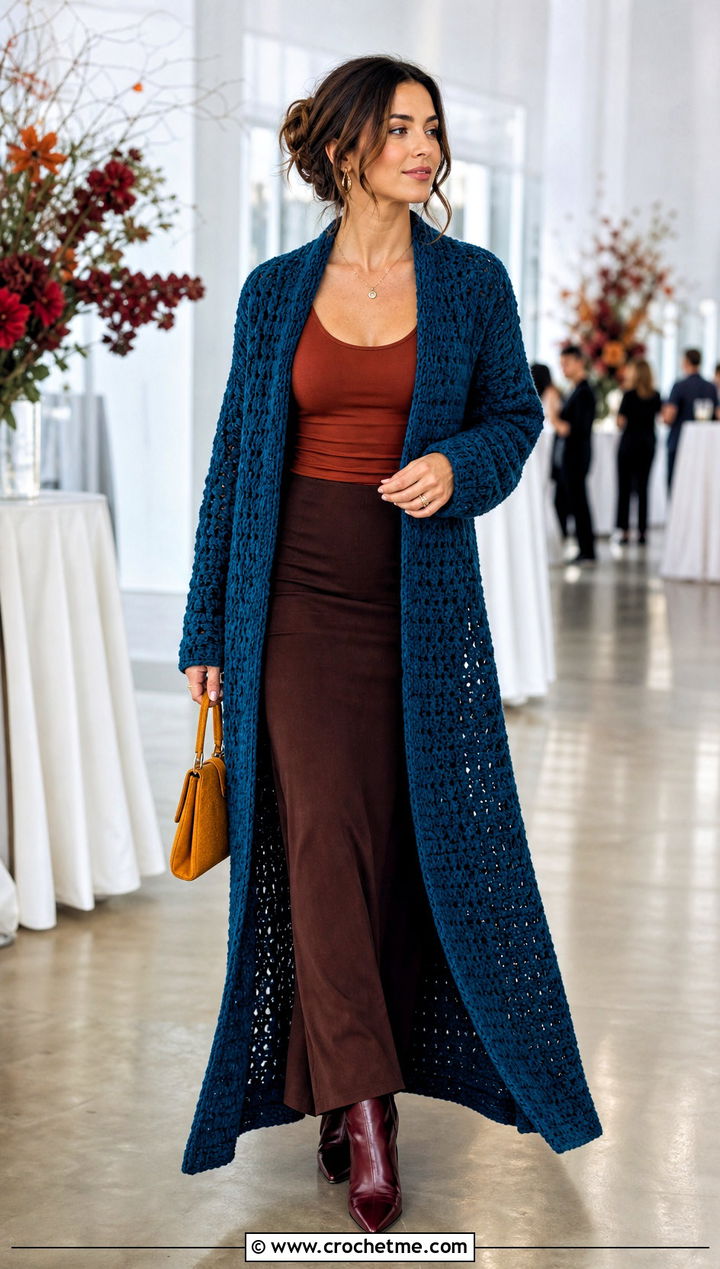Duster Crochet Chenille Cardigan With Column Maxi Skirt - 30 crochet chenille cardigan outfit ideas