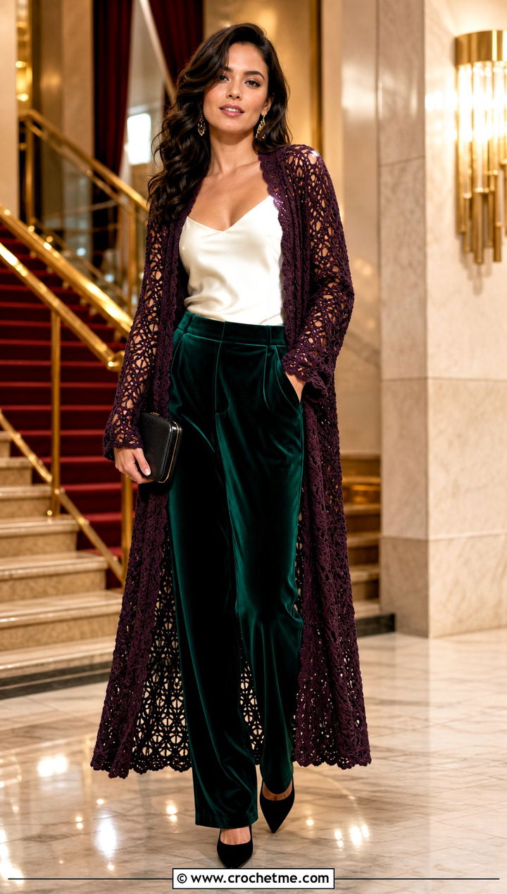 Duster Crochet Kimono Cardigan With Velvet Trousers - 35 crochet kimono cardigan outfit ideas