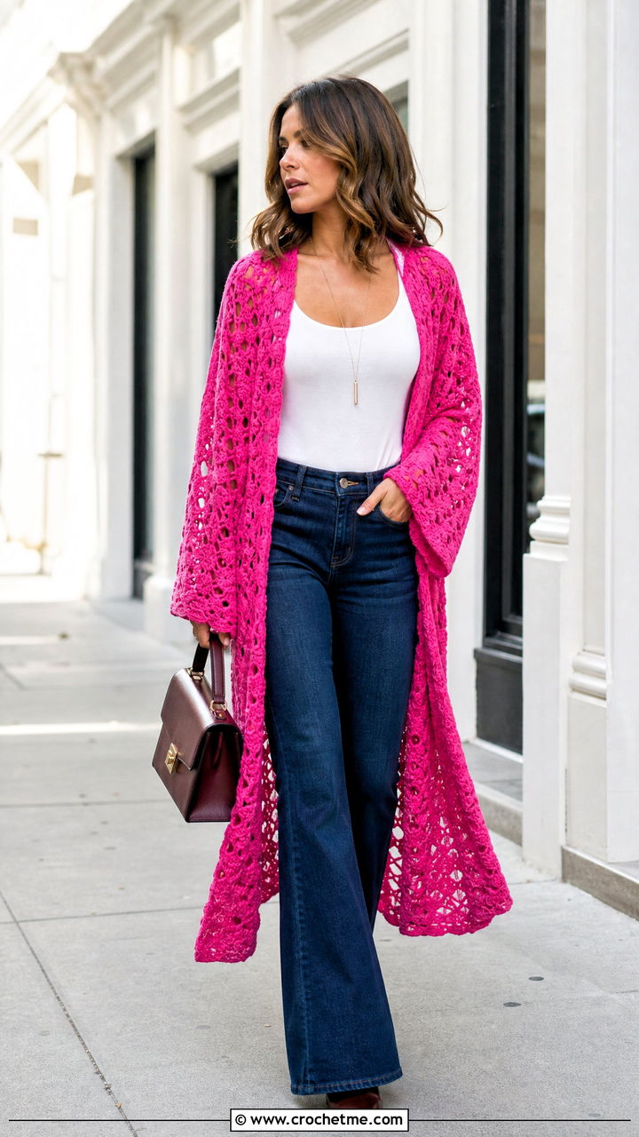 Duster Crochet Kimono With Tank And Flare Jeans - 35 crochet kimono outfit ideas