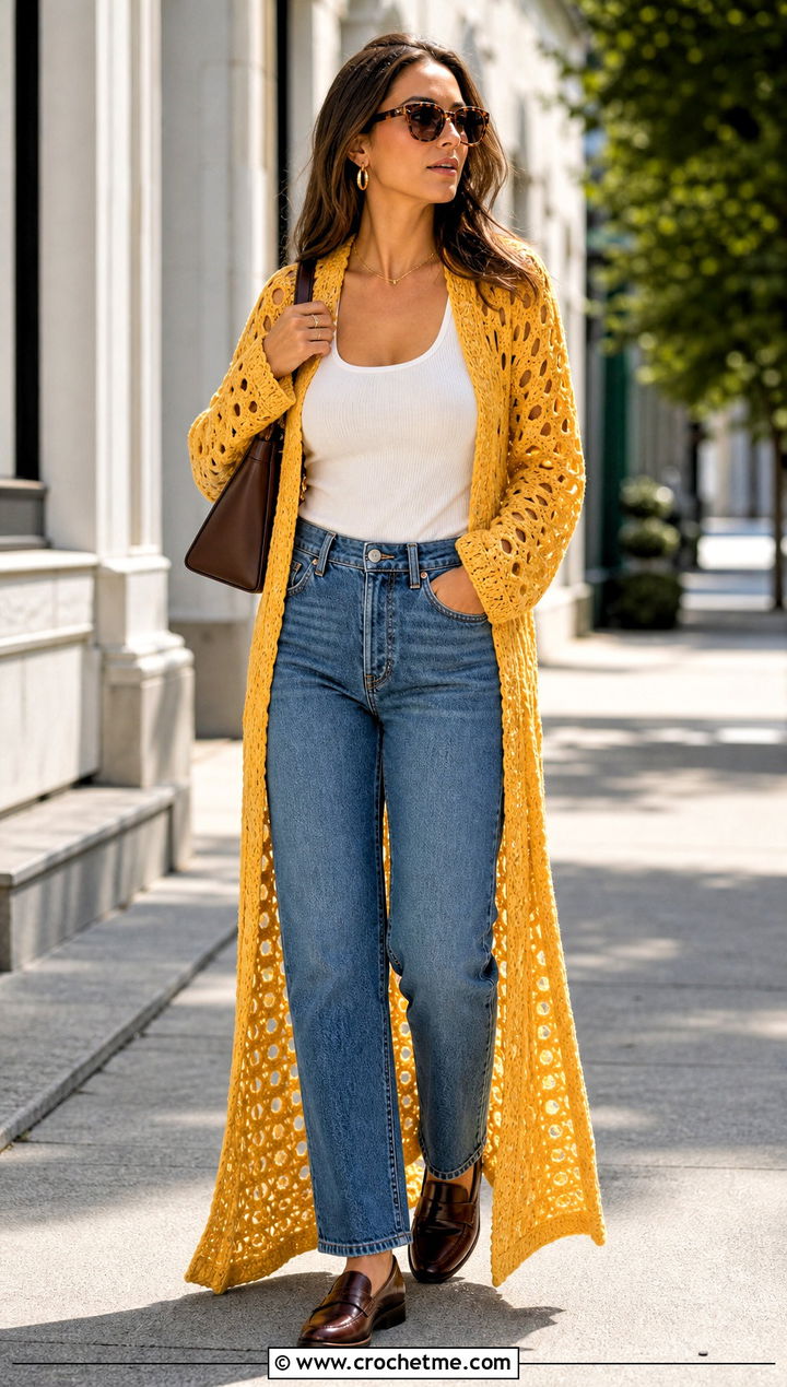 Duster Crochet Long Sweater With Straight Leg Jeans - 35 crochet long sweater outfit ideas