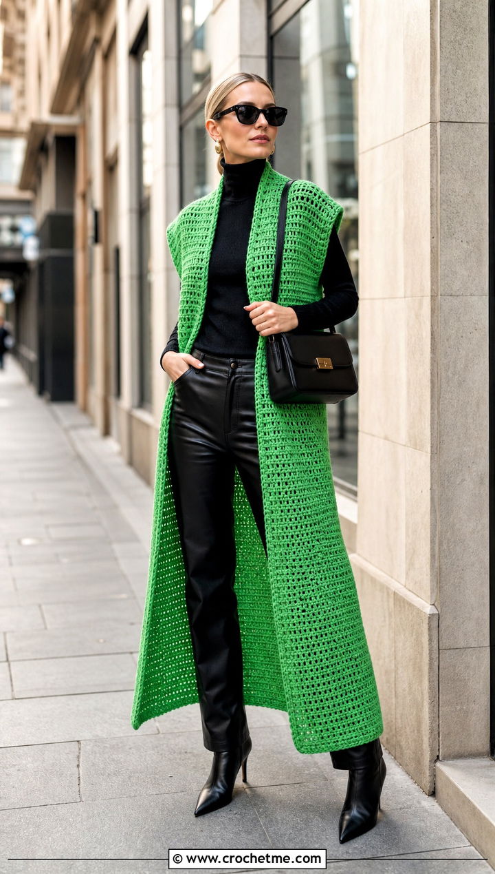 Duster Crochet Long Vest With Leather Pants - 25 Easy Crochet Long Vest outfit ideas