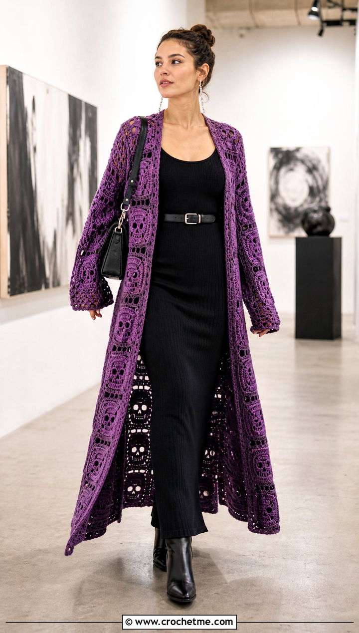 Duster Crochet Skull Granny Square Cardigan With A Maxi Dress - 25 crochet skull granny square cardigan outfit ideas