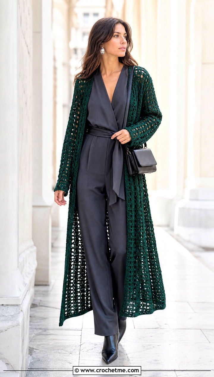 Duster Crochet Slouchy Cardigan With Jumpsuit - 20 Crochet Slouchy Cardigan outfit ideas