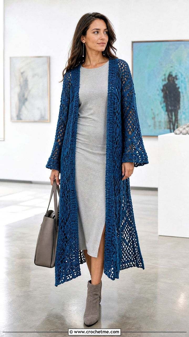 Duster Crochet Sweater With Column Dress - 35 crochet sweater design for women outfit ideas