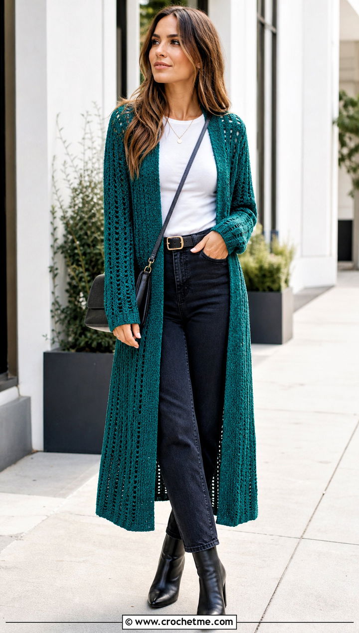Duster Crochet Sweater With T Shirt And Jeans - 35 diy crochet sweater outfit ideas