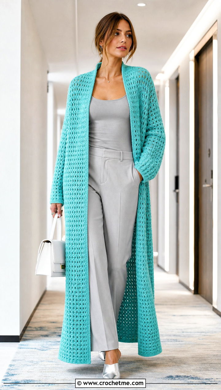 Duster Crochet Waffle Stitch Cardigan With Monochrome Basics - 25 crochet waffle stitch cardigan outfit ideas