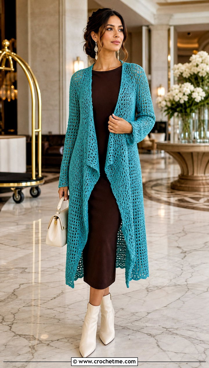 Duster Crochet Waterfall Cardigan With Column Dress - 25 crochet waterfall cardigan outfit ideas