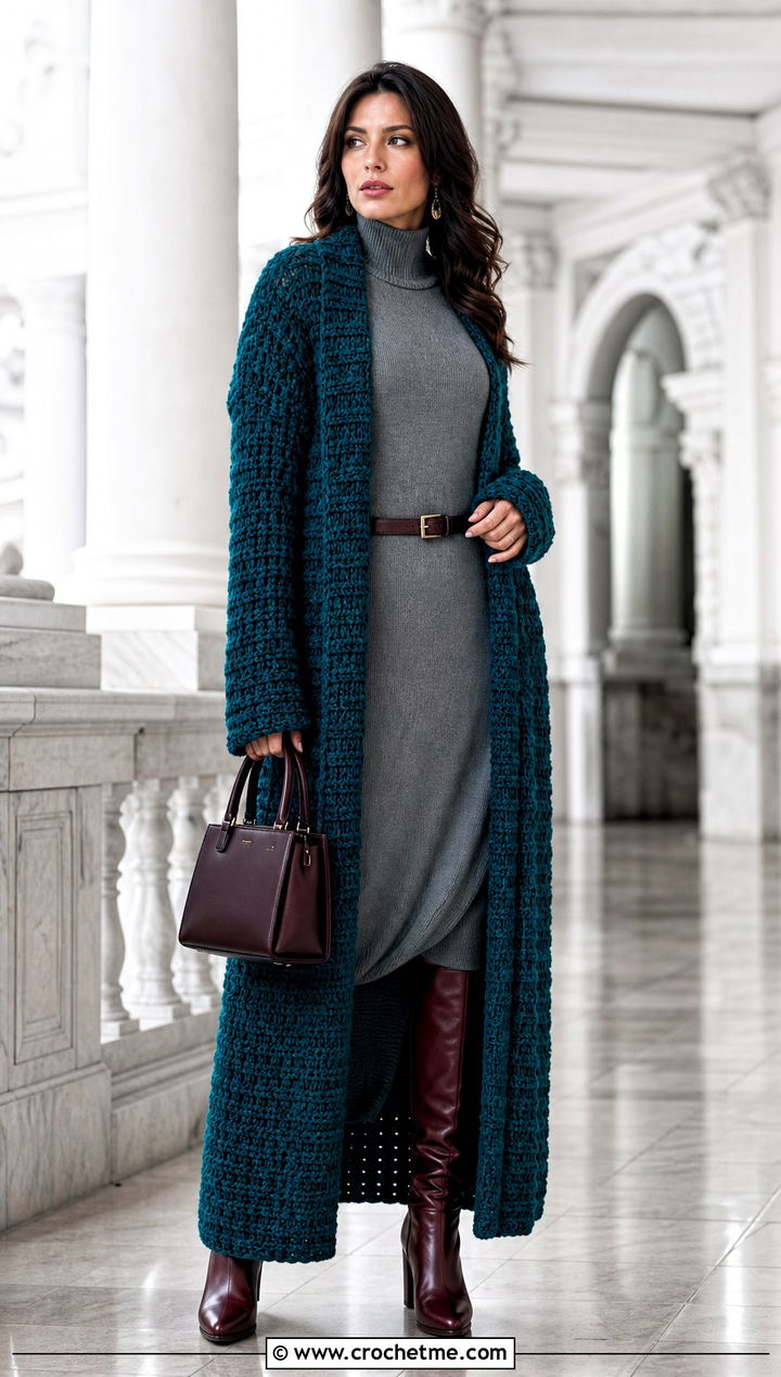 Duster Crochet Winter Cardigan With A Sweater Dress - 25 crochet winter cardigan outfit ideas