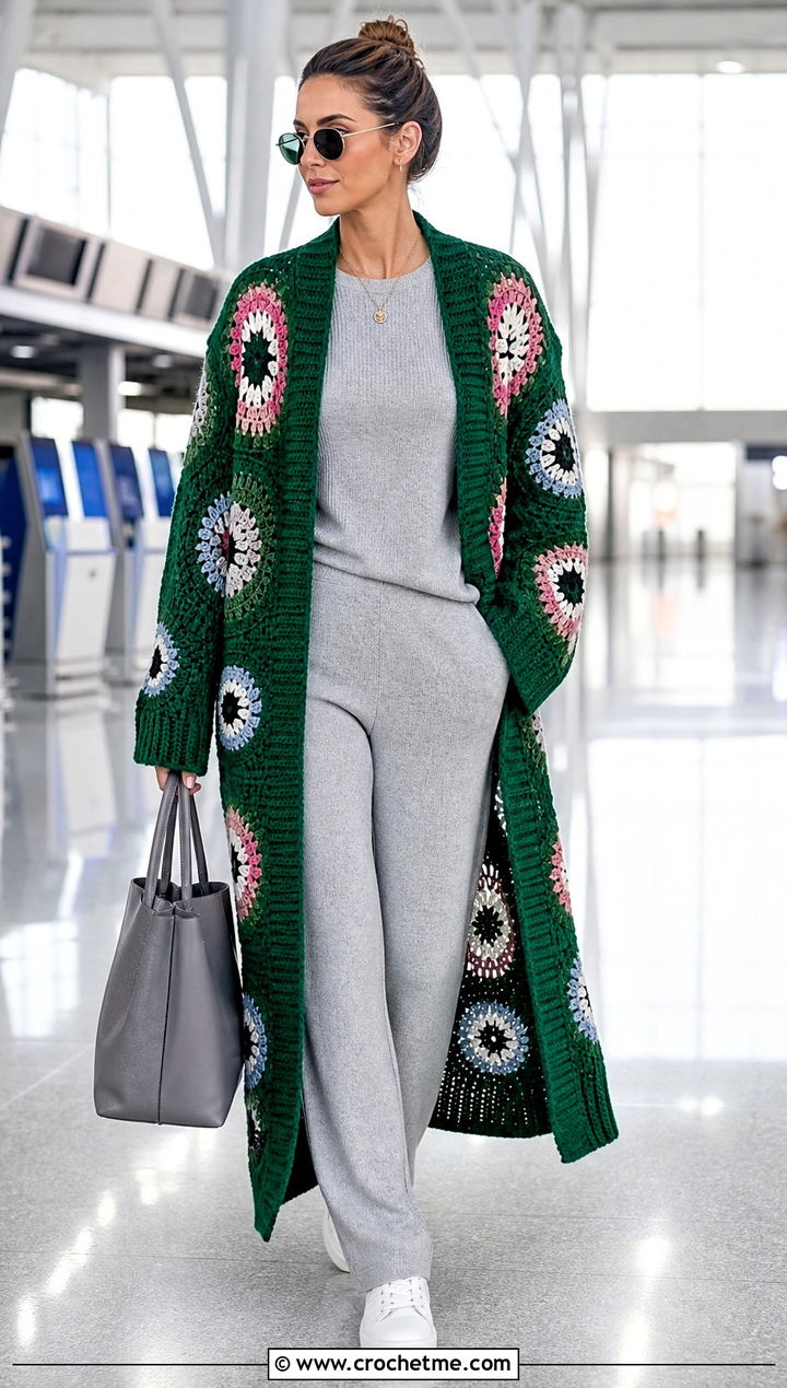 Duster Eyeball Cardigan With Monochrome Knit Set - 15 Crochet Eyeball Cardigan outfit ideas
