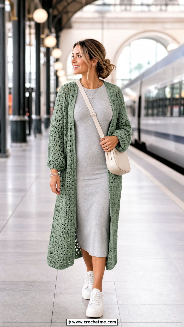 Duster Granny Cardigan With T Shirt Dress - 35 crochet granny cardigan outfit ideas