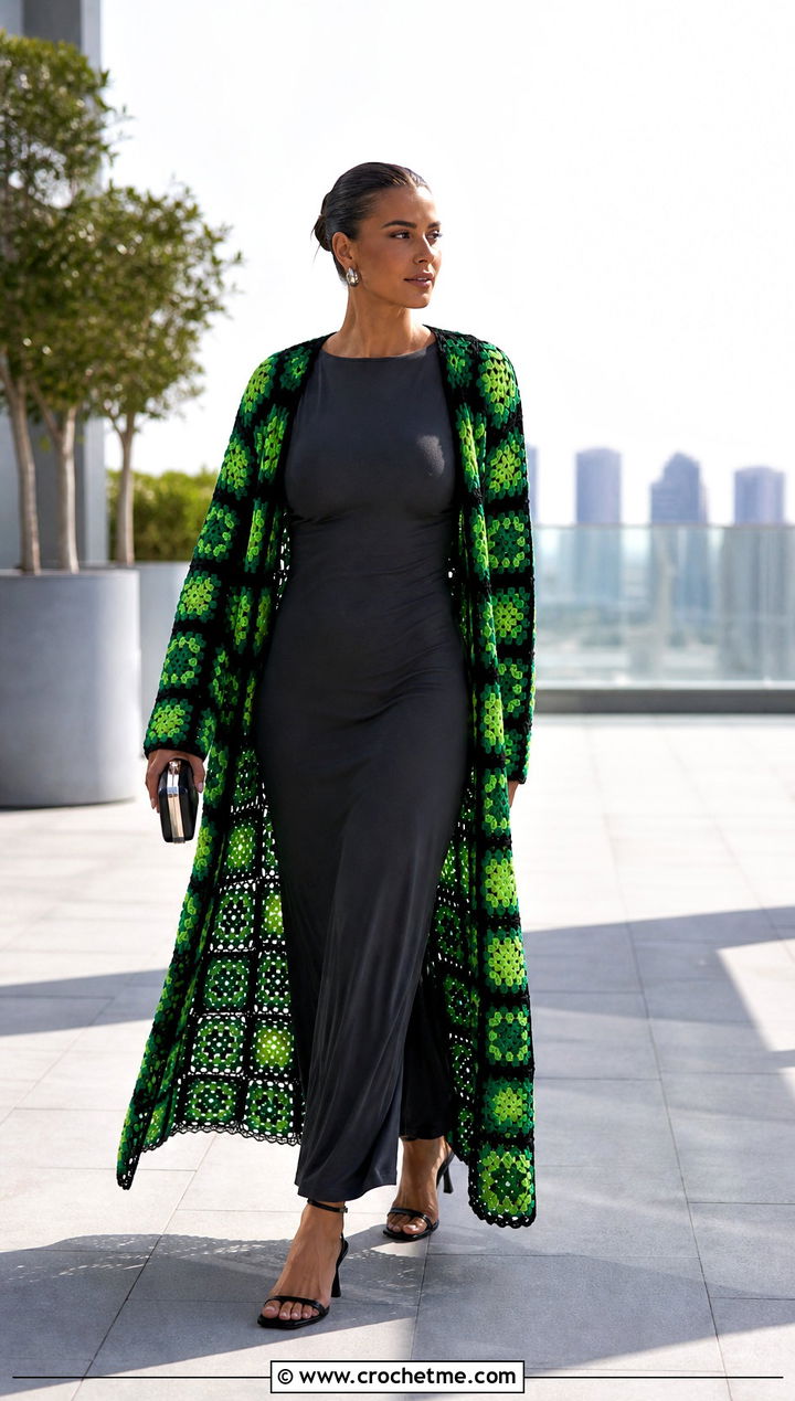 Duster Granny Square Cardigan With Column Dress - 15 originally lovely granny square cardigan outfit ideas