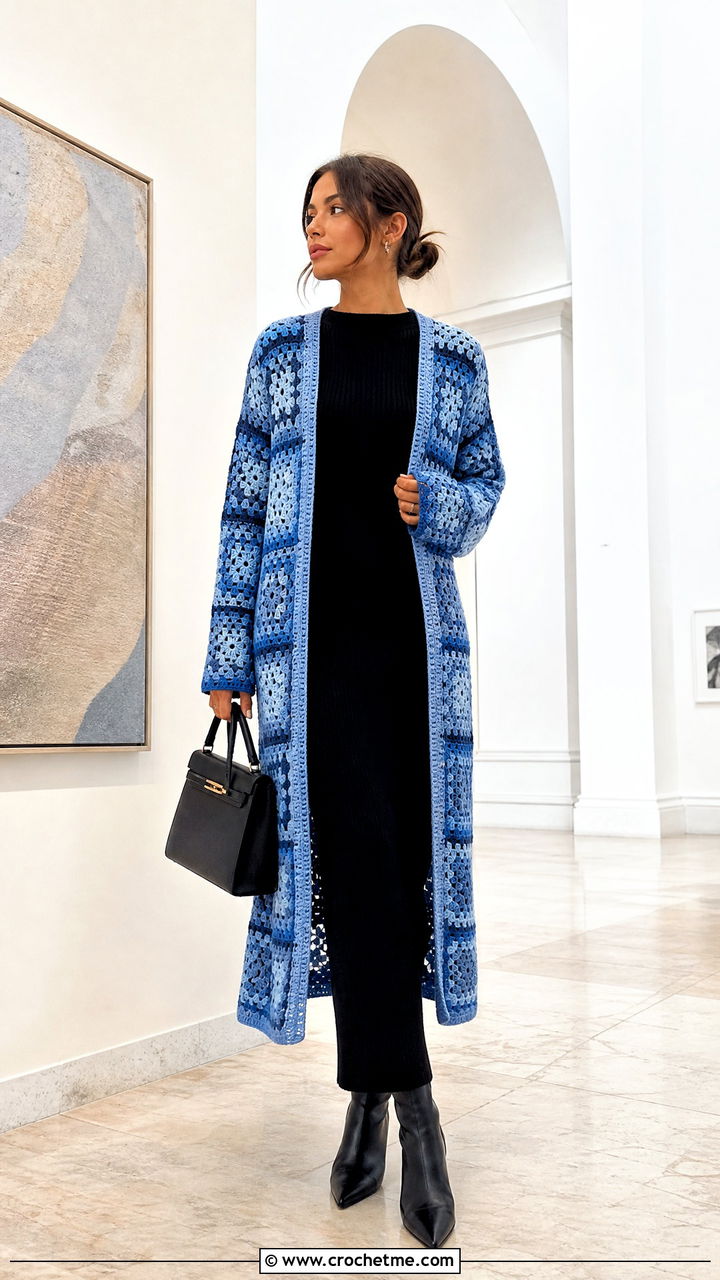 Duster Granny Square Cardigan With Knit Column Dress - 35 granny square sweater outfit ideas