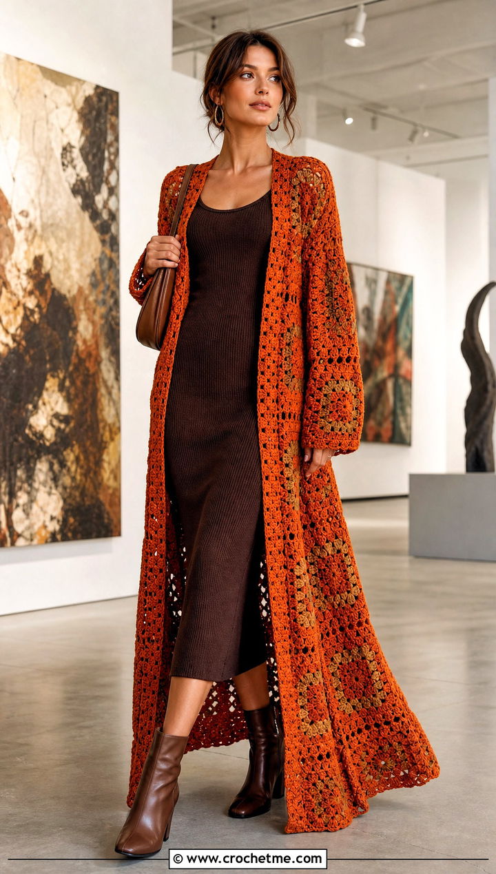 Duster Granny Square Cardigan With Knit Dress - 25 For Granny Square Cardigan outfit ideas
