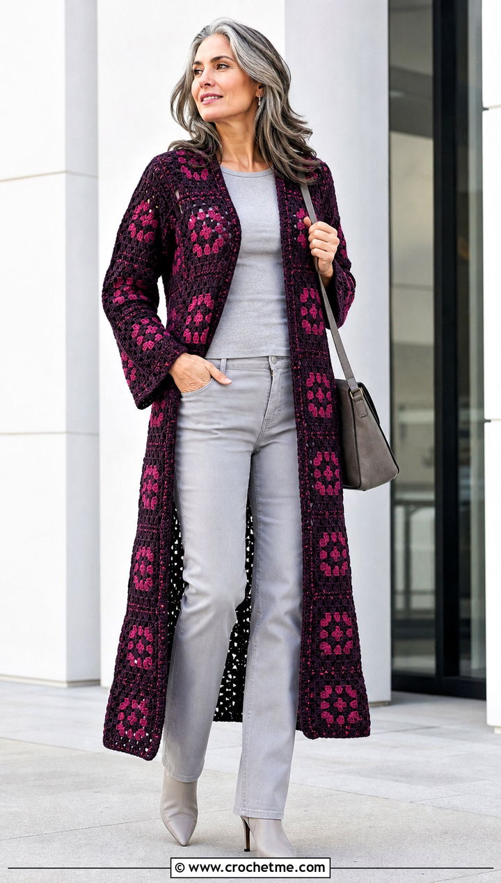 Duster Granny Square Cardigan With Monochrome Basics - 15 Womens Granny Square Cardigan outfit ideas