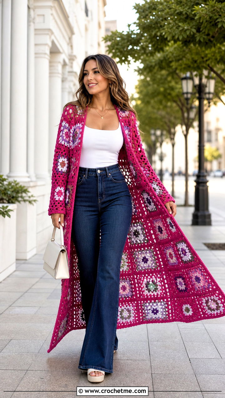 Duster Granny Square Cardigan With Tank And Flared Jeans - 35 Easy Simple Crochet Granny Square Cardigan outfit ideas