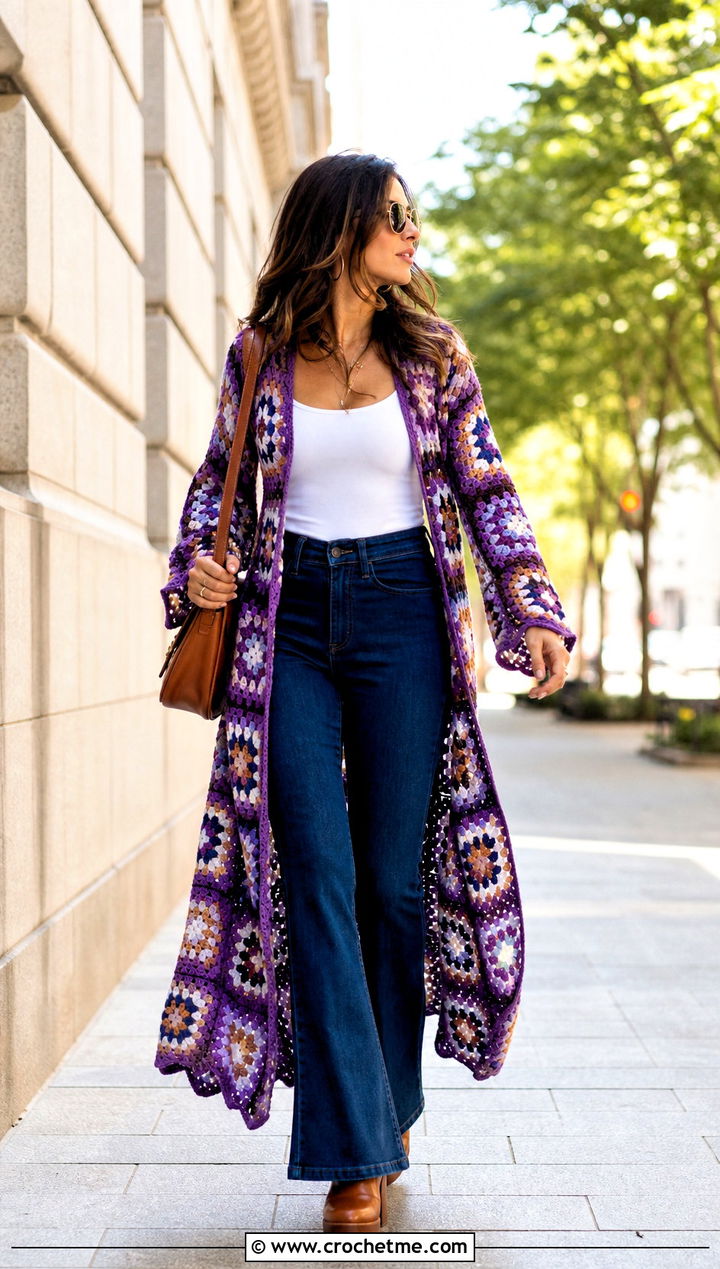 Duster Granny Square Cardigan With Tank And Flares - 30 crochet granny squares cardigan outfit ideas