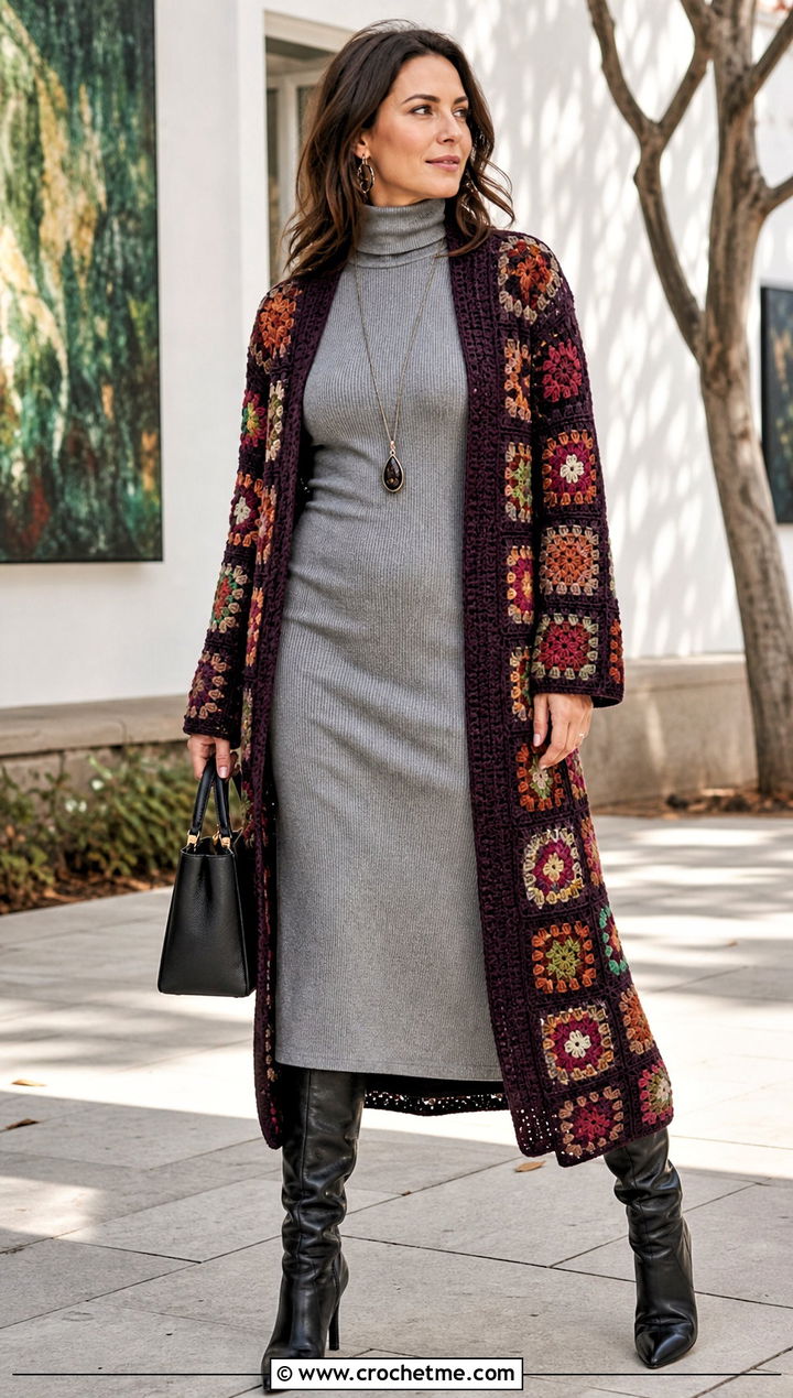 Duster Granny Square Cardigan With Turtleneck Dress - 20 Crochet Fall Granny Square Cardigan outfit ideas