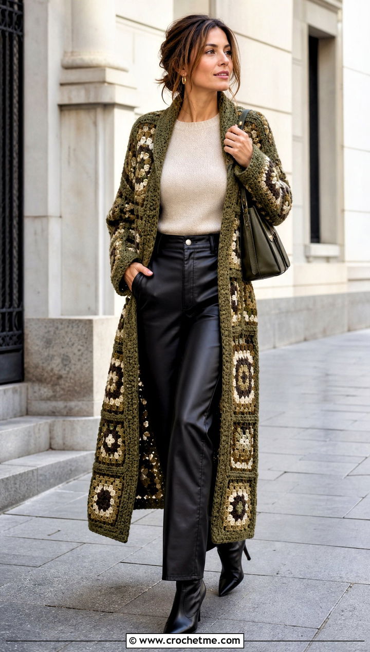 Duster Granny Square Coat With Leather Pants - 30 granny square coat outfit ideas