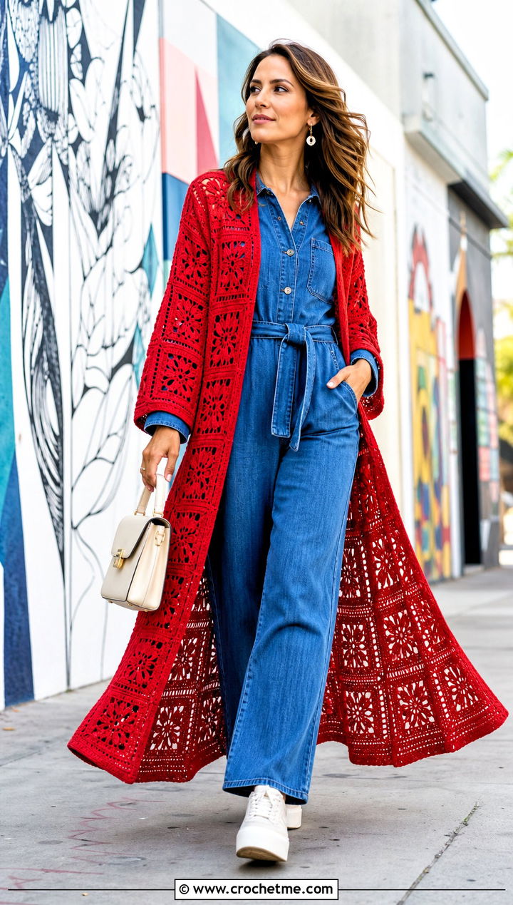 Duster Granny Square Kimono With Denim Jumpsuit - 15 crochet granny square kimono outfit ideas