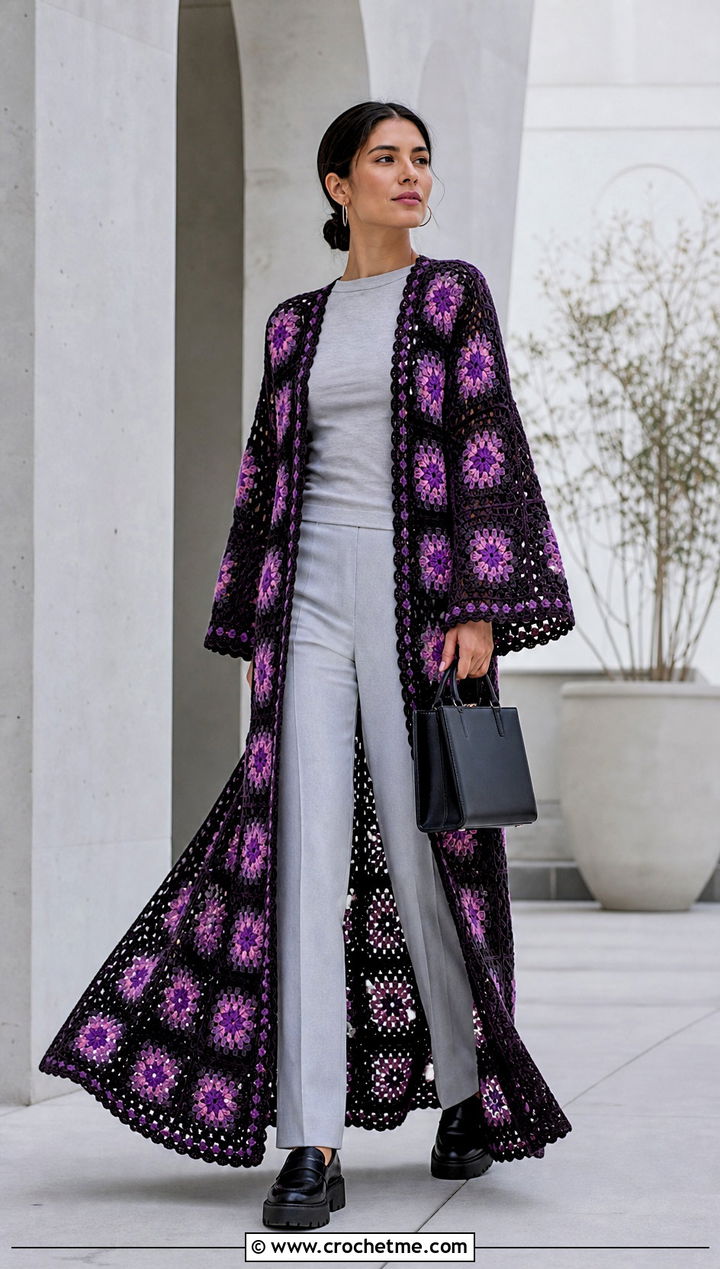 Duster Granny Square Kimono With Monochrome Basics - 30 granny square kimono outfit ideas