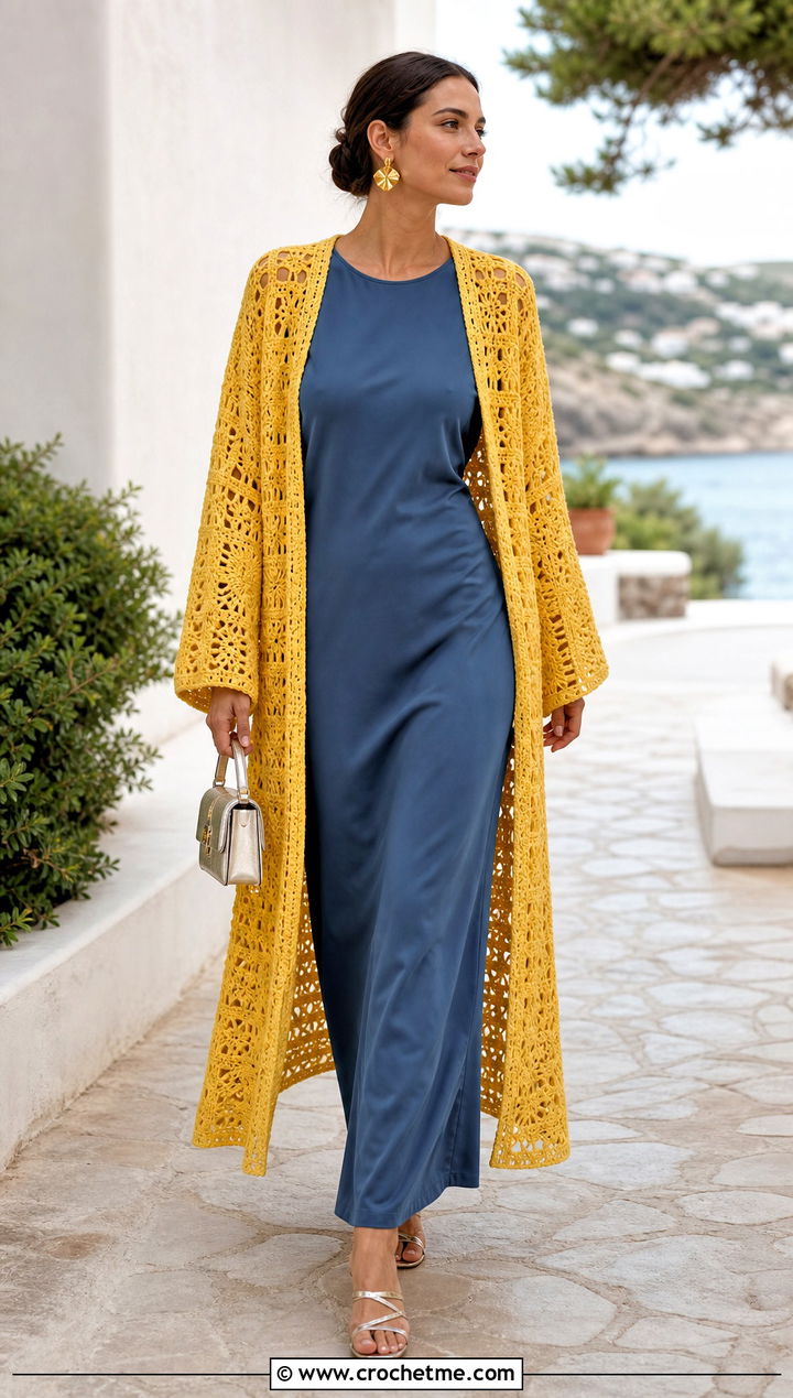 Duster Granny Square Summer Cardigan With Column Dress - 30 granny square summer cardigan outfit ideas