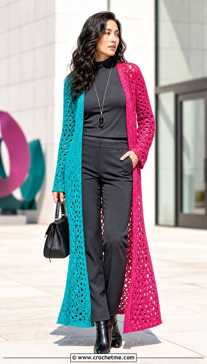 Duster Half And Half Crochet Cardigan With Monochrome Outfit - 20 Half And Half Crochet Cardigan outfit ideas
