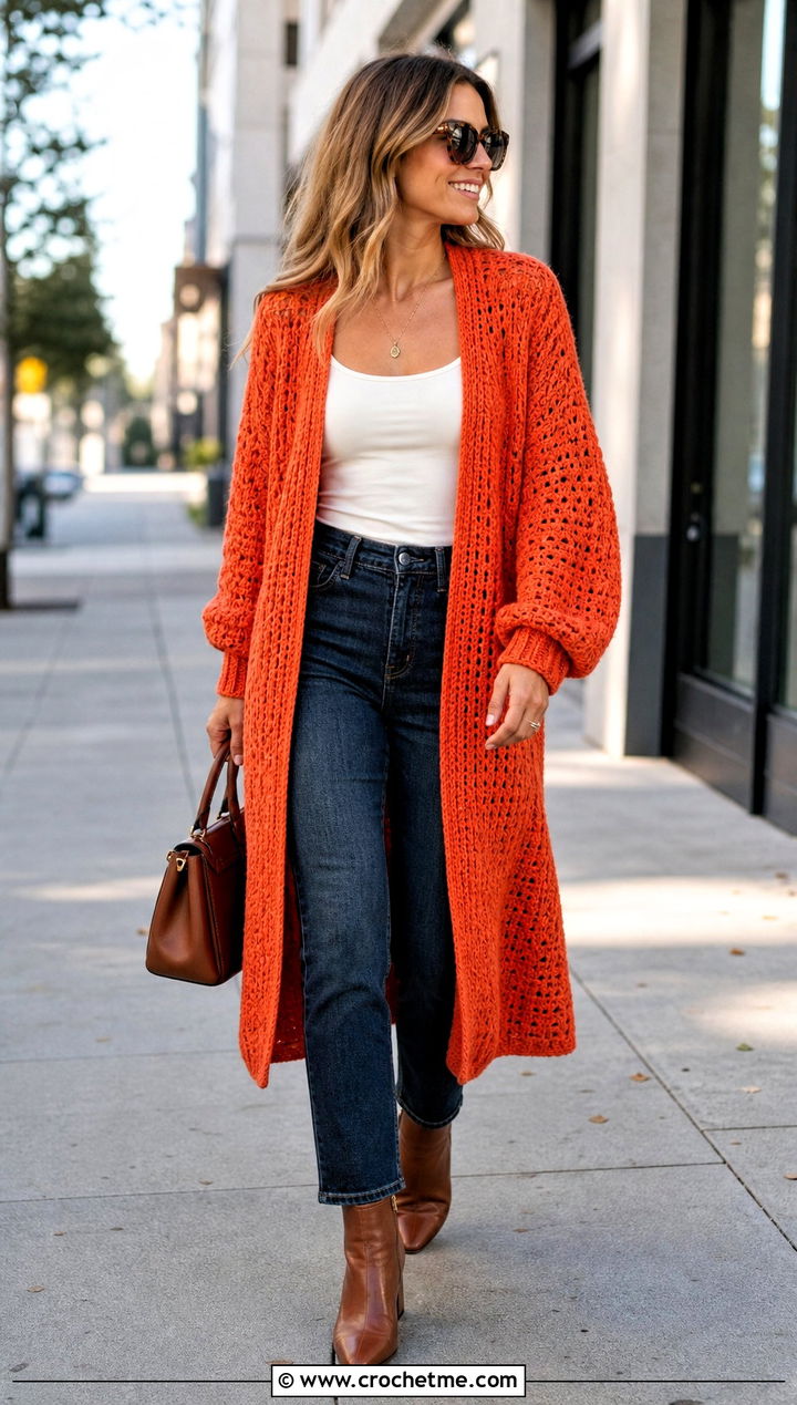 Duster Half Double Crochet Cardigan With Tank And Jeans - 25 Half Double Crochet Cardigan outfit ideas