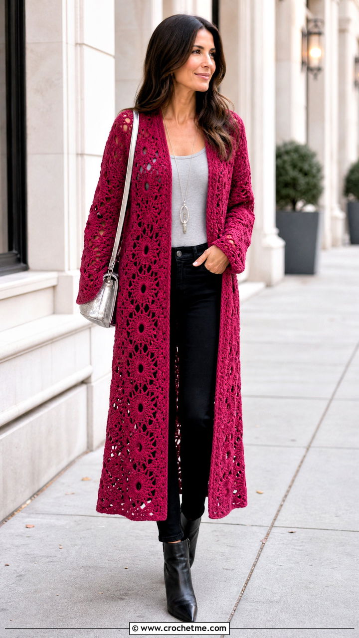 Duster Hexagon Crochet Cardigan With Tank And Skinny Jeans - 35 hexagon crochet cardigan outfit ideas