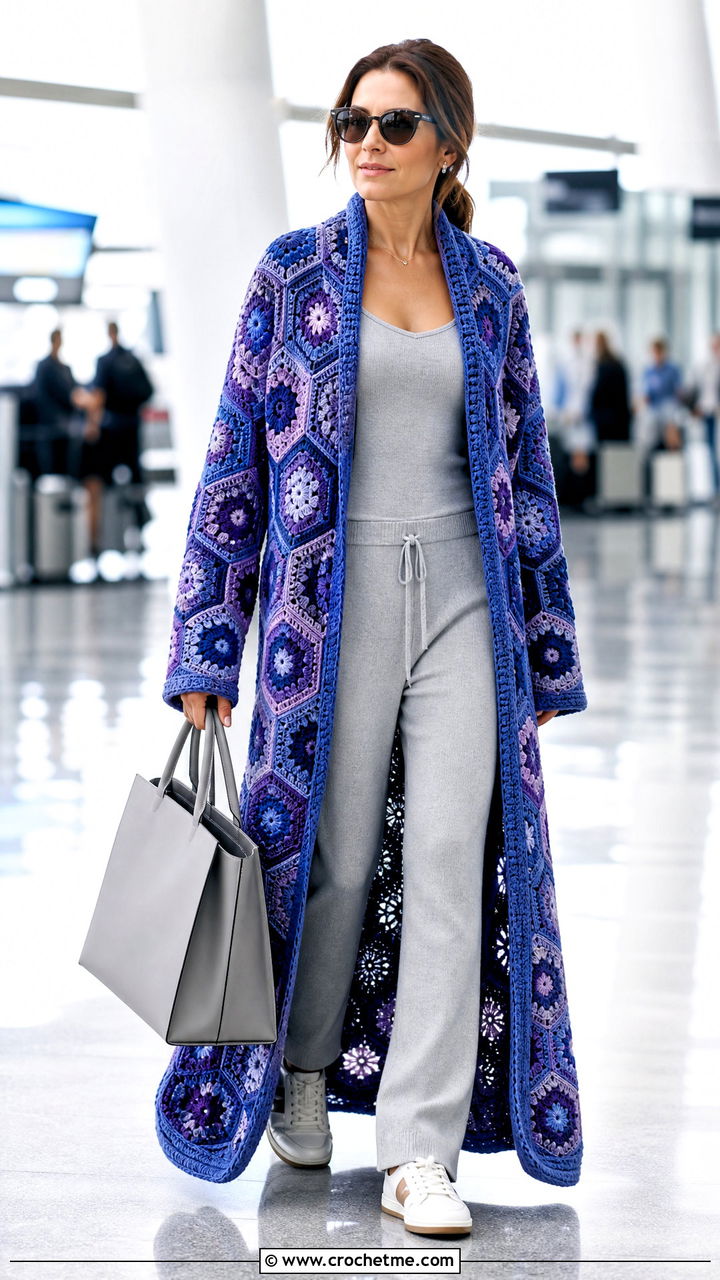 Duster Hexagon Granny Square Cardigan With Knit Set - 35 hexagon granny square cardigan outfit ideas