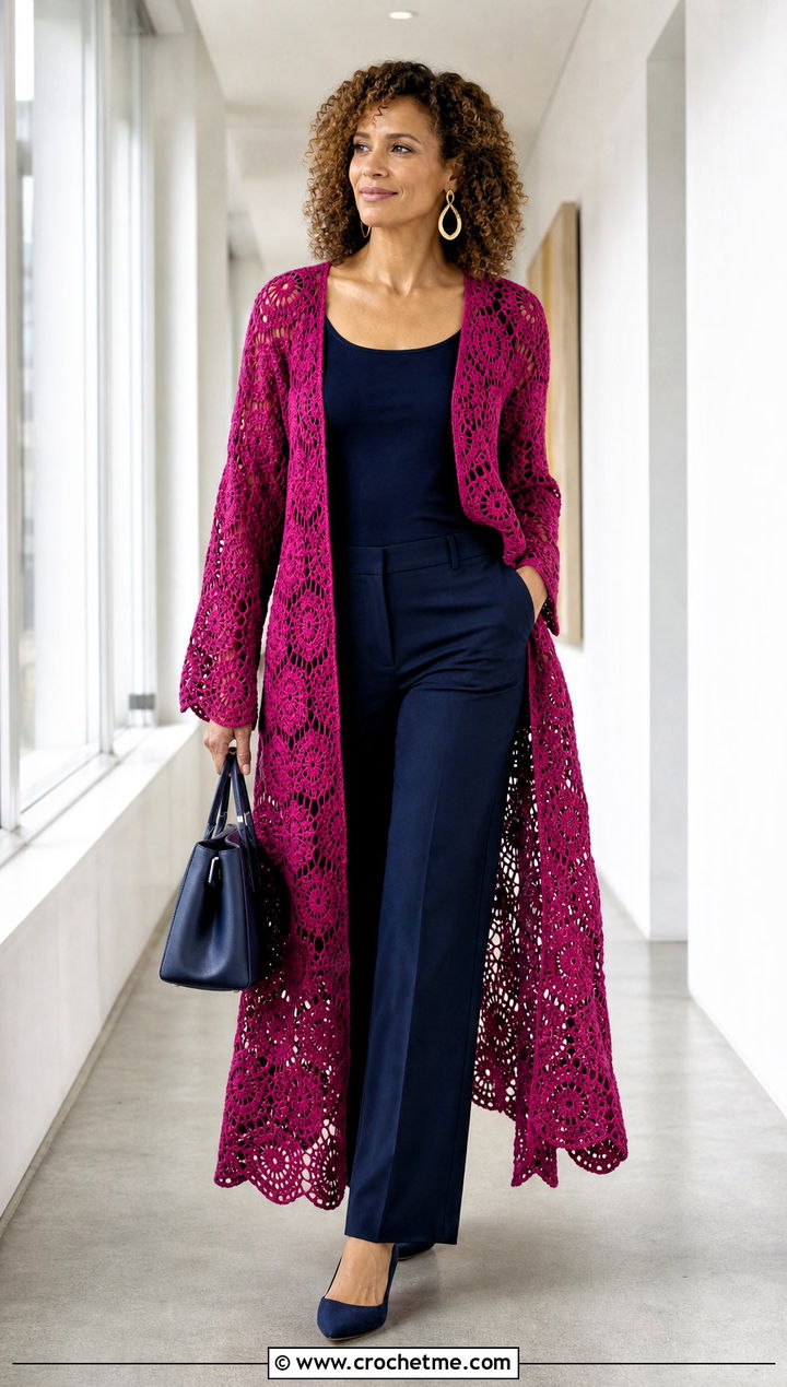 Duster Hexi Crochet Cardigan With Monochrome Basics - 35 hexi crochet cardigan outfit ideas
