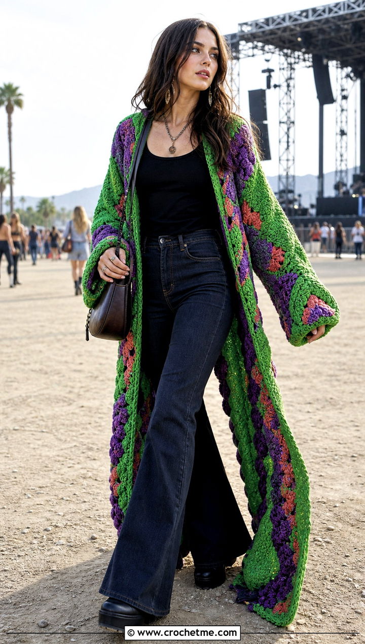 Duster Howls Crochet Jacket With Tank And Flared Jeans - 25 Howls Crochet Jacket outfit ideas
