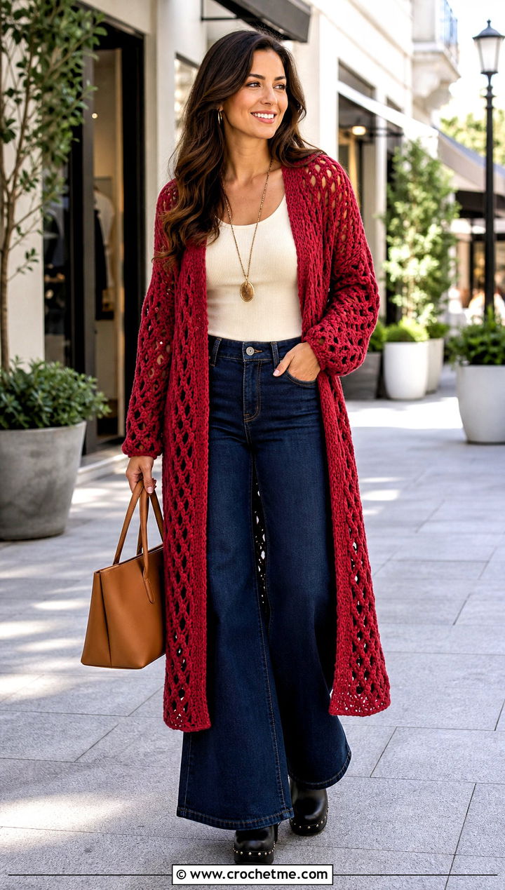 Duster Lattice Cable Cardigan With Wide Leg Jeans - 25 Crochet Cable Cardigan outfit ideas