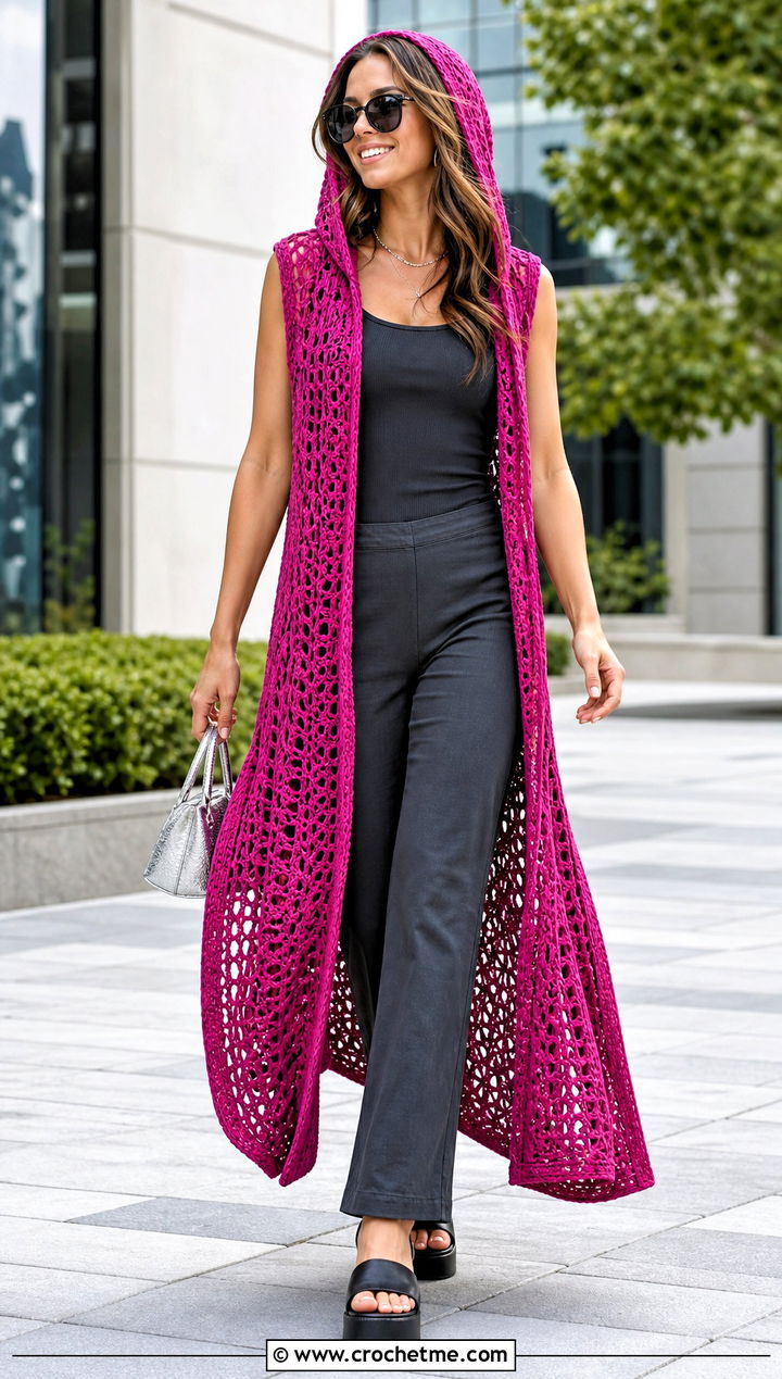 Duster Length Crochet Vest With Hood And Monochrome Separates - 30 crochet vest with hood outfit ideas