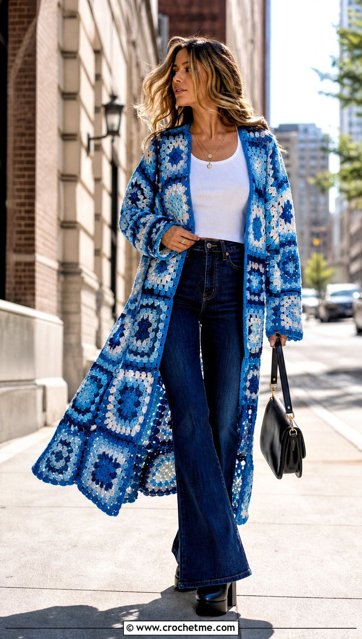 Duster Length Giant Granny Square Cardigan With Flared Jeans - 35 giant granny square cardigan outfit ideas