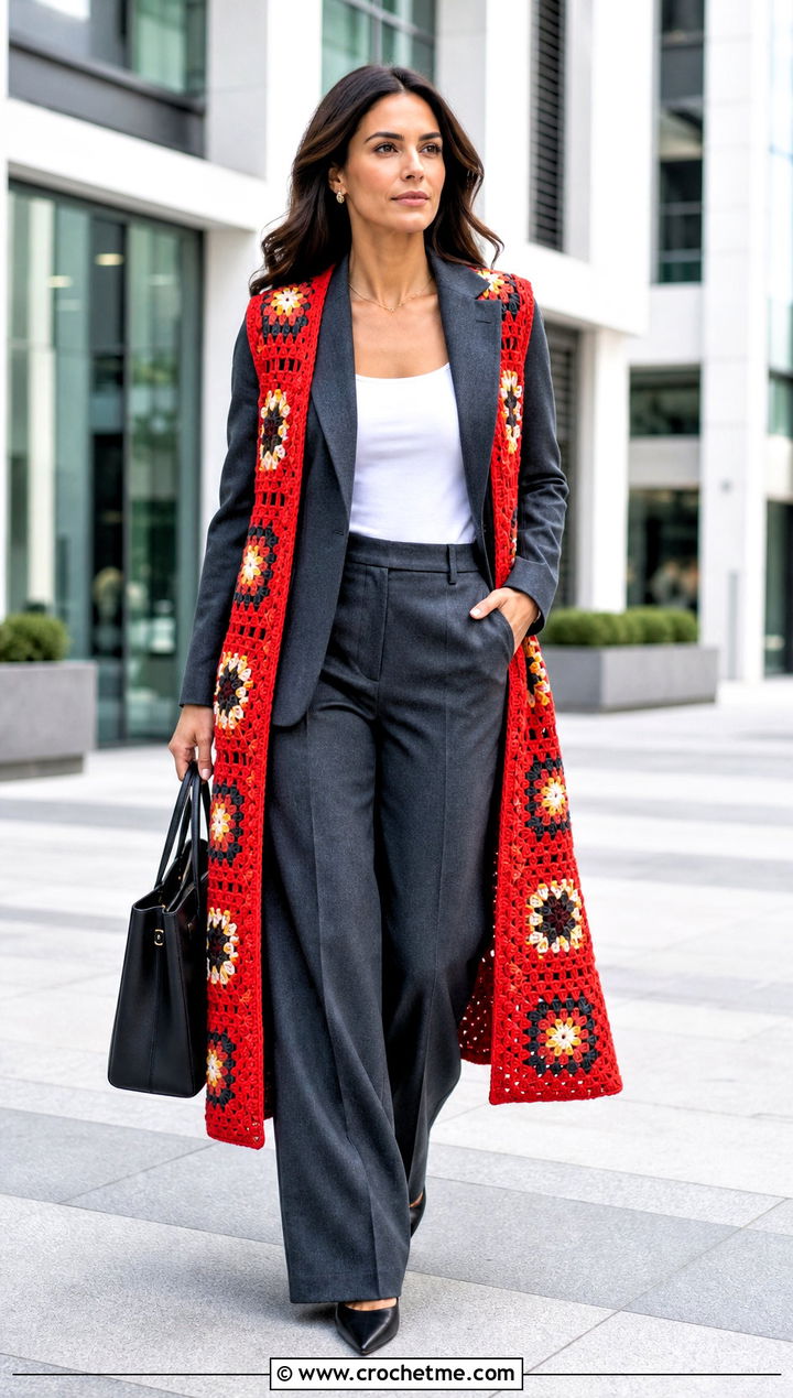 Duster Length Granny Square Long Vest With Blazer And Wide Leg Trousers - 20 Granny Square Long Vest outfit ideas