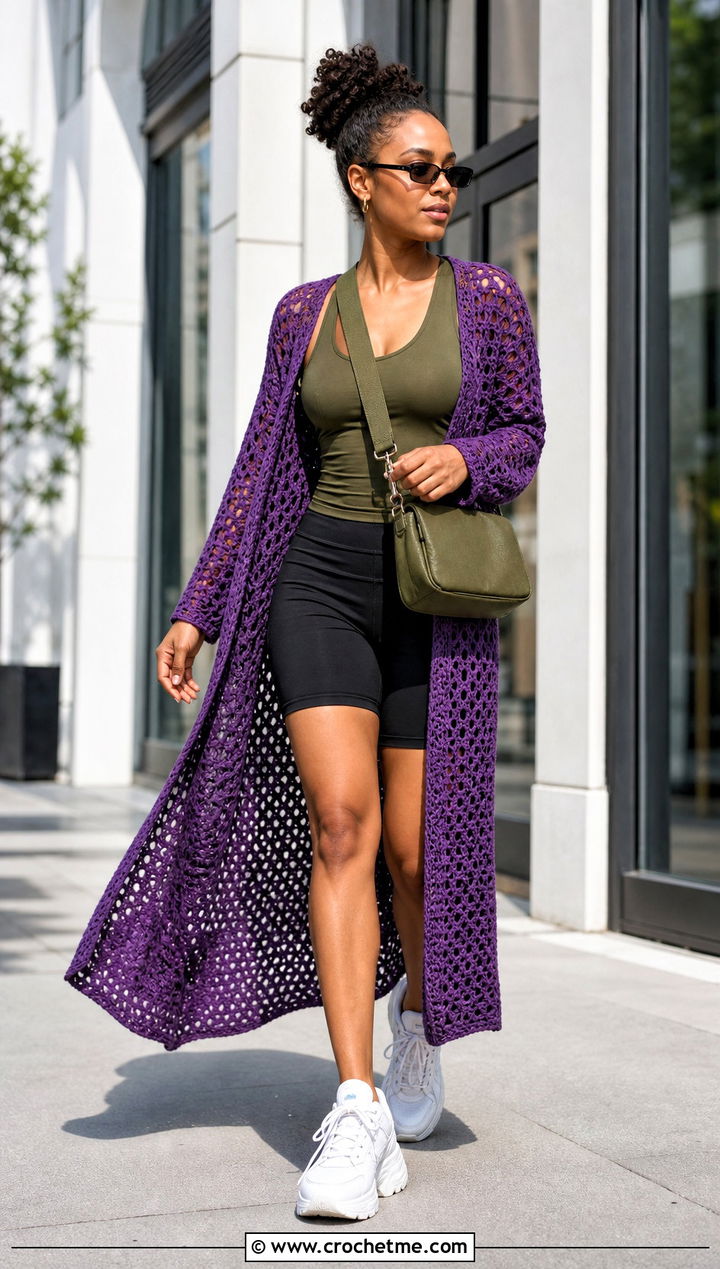 Duster Length Hex Crochet Cardigan With Bike Shorts - 35 hex crochet cardigan outfit ideas