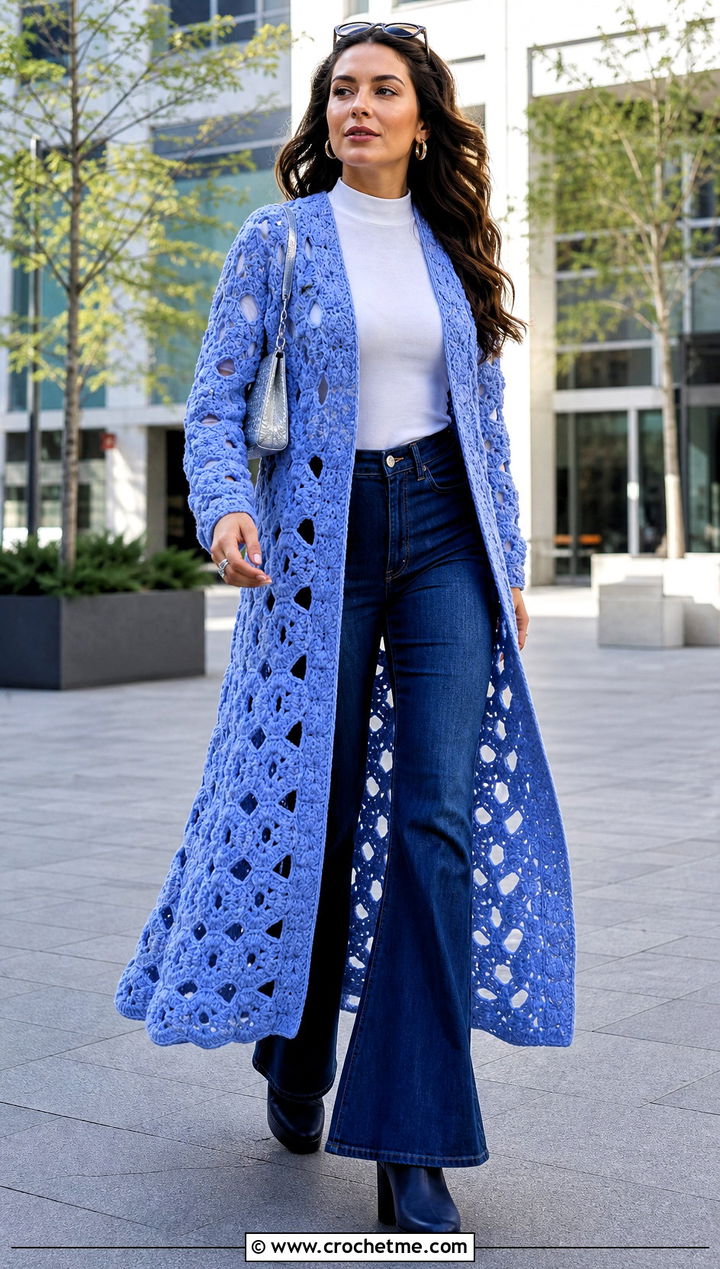 Duster Length Hexagon Cardigan With Flared Jeans - 35 granny square hexagon cardigan outfit ideas