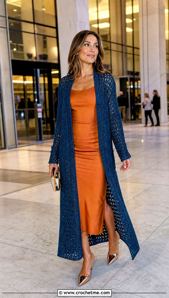 Duster Length Shawl Crochet Cardigan With Column Dress - 25 Shawl Crochet Cardigan outfit ideas