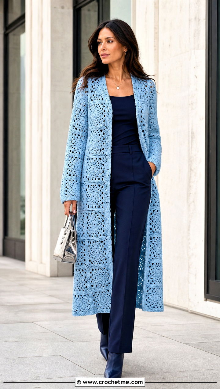 Duster Length Solid Granny Square Cardigan With Monochrome Base - 20 Crochet Solid Granny Square Cardigan outfit ideas