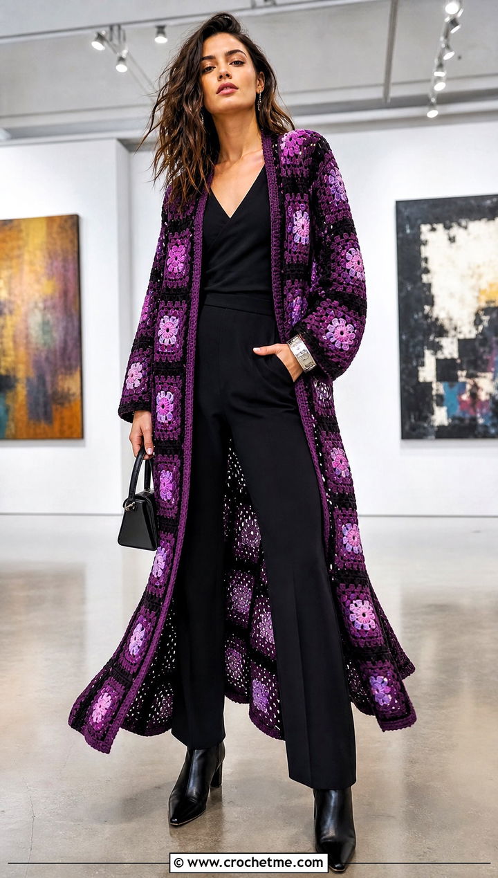 Duster Long Granny Square Cardigan With Black Jumpsuit - 35 long granny square cardigan outfit ideas