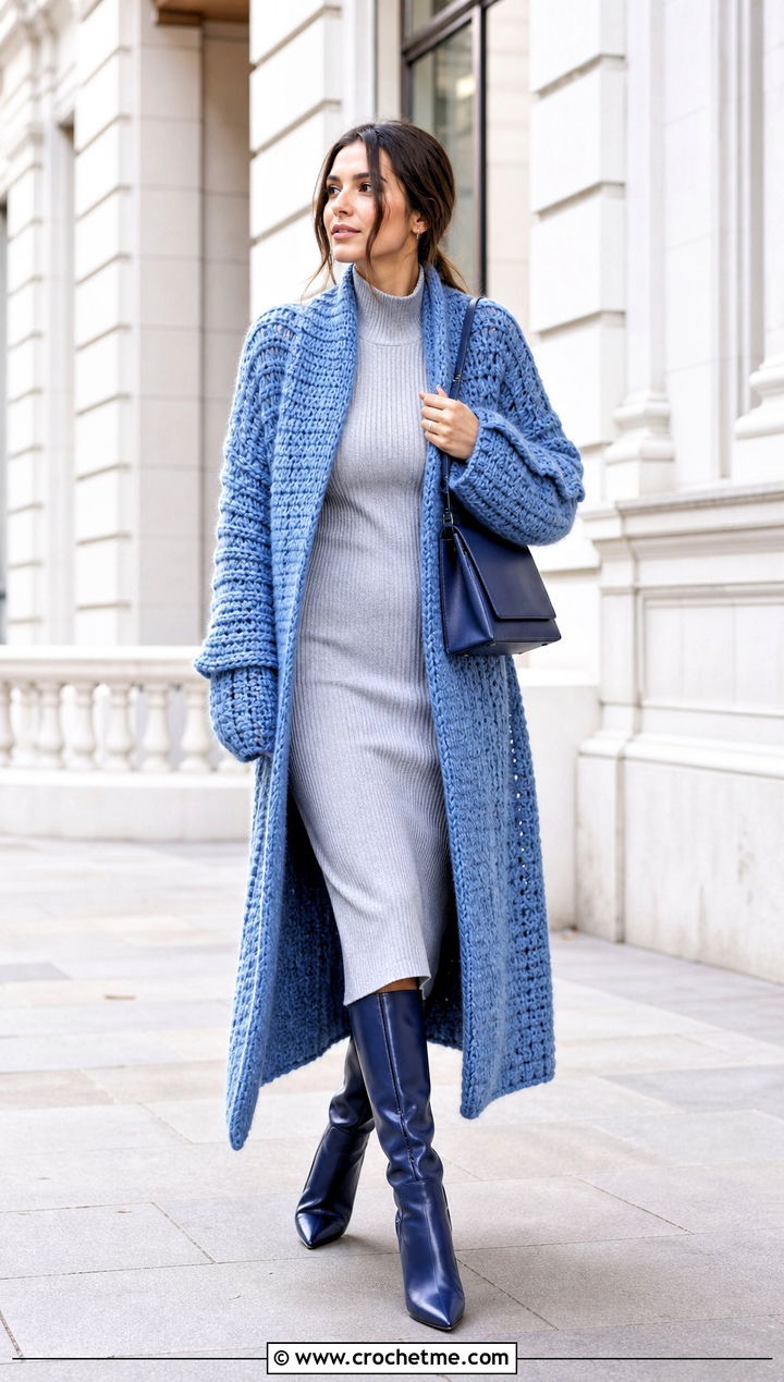 Duster Oversized Chunky Crochet Cardigan With Knit Dress - 25 oversized chunky crochet cardigan outfit ideas